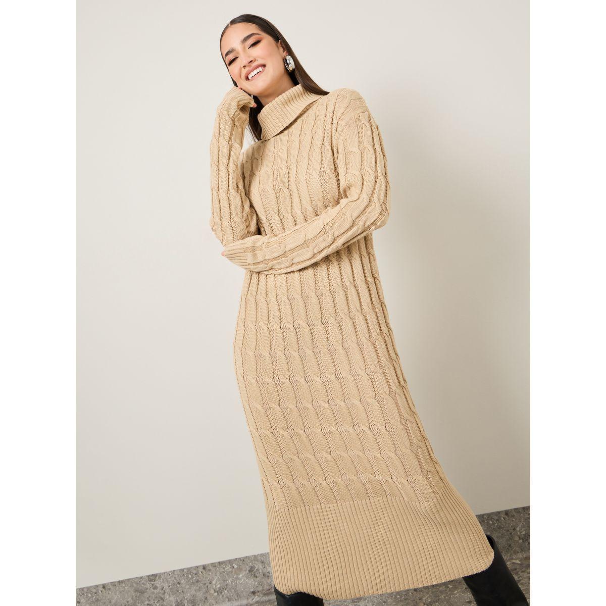 فستان ميدي محبوك بياقة عالية-women-clothing-dresses-image-2