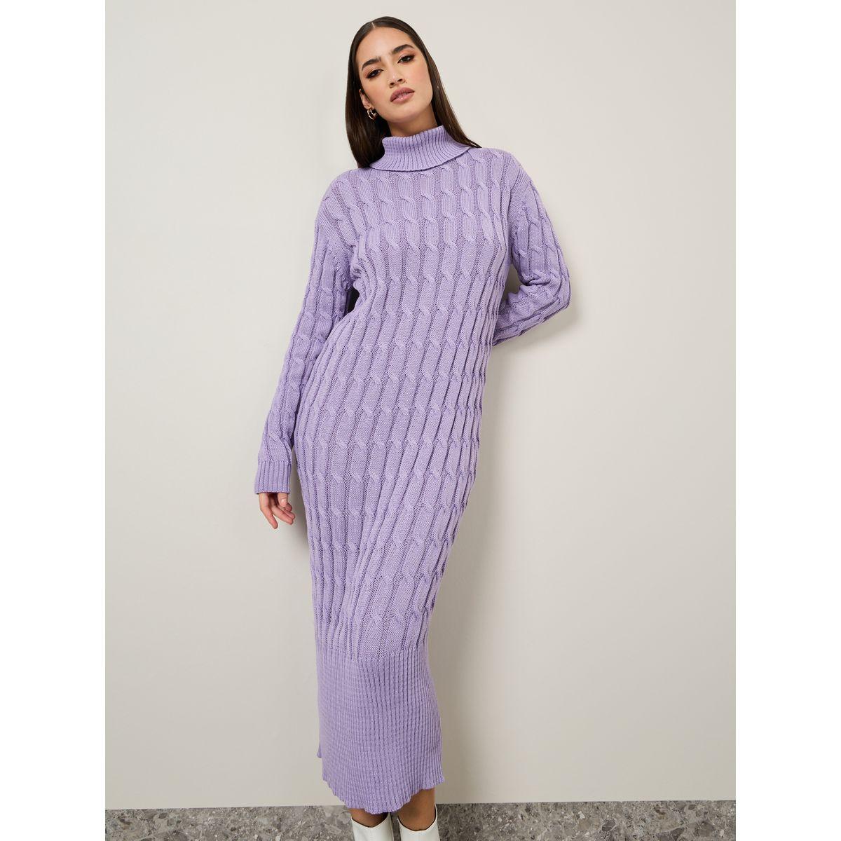 فستان ميدي محبوك بياقة عالية-women-clothing-dresses-image-1