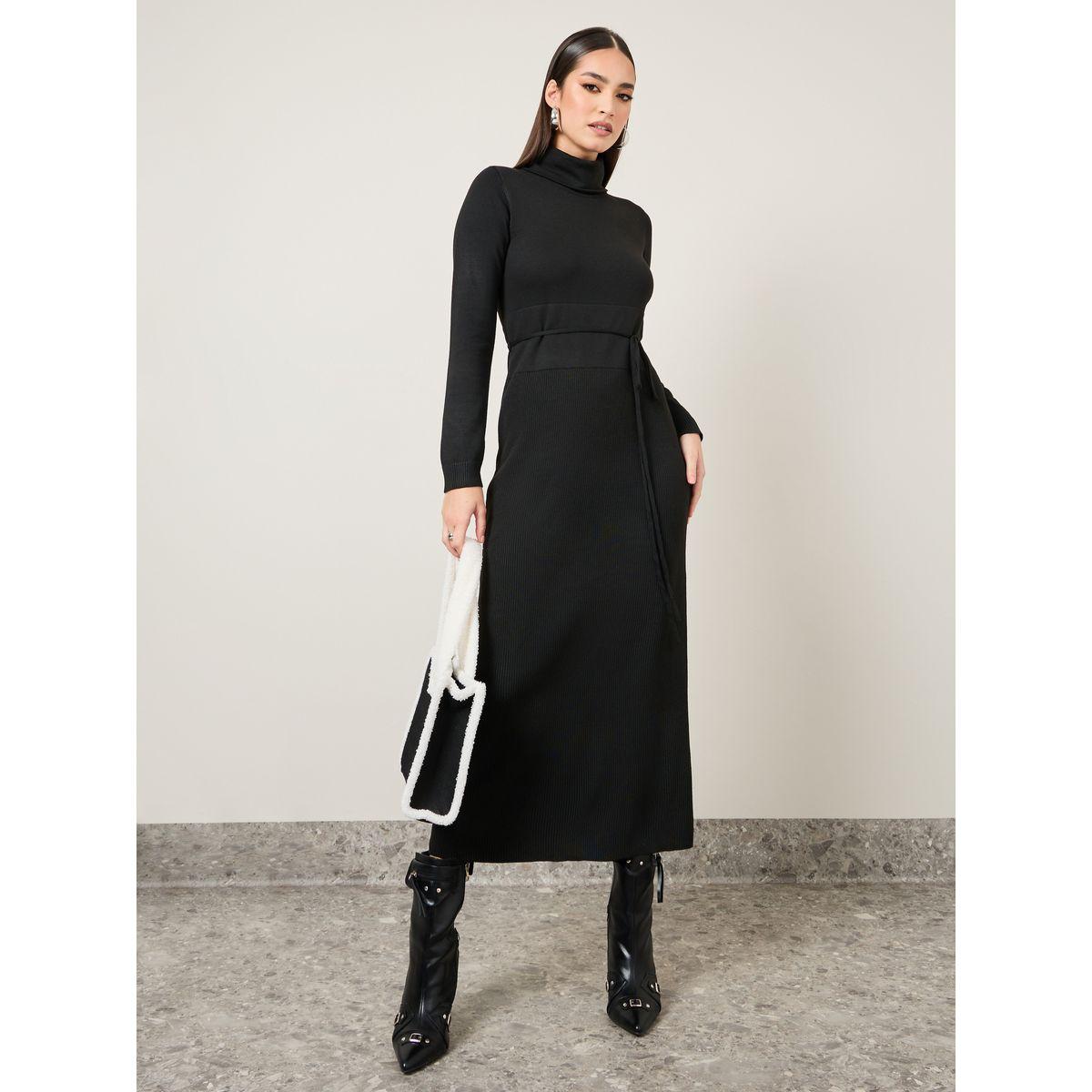 فستان طويل مضلع بياقة عالية-women-clothing-dresses-image-1