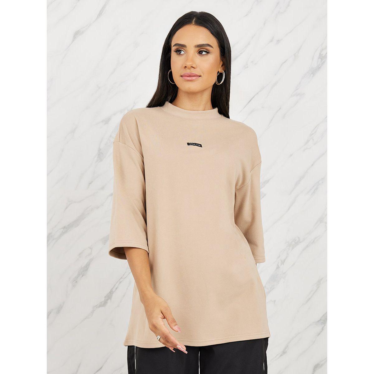 Styli Oversized Patch Detail High Neck Longline T-Shirt with 3/4 Sleeves-women-clothing-tshirts-image-1