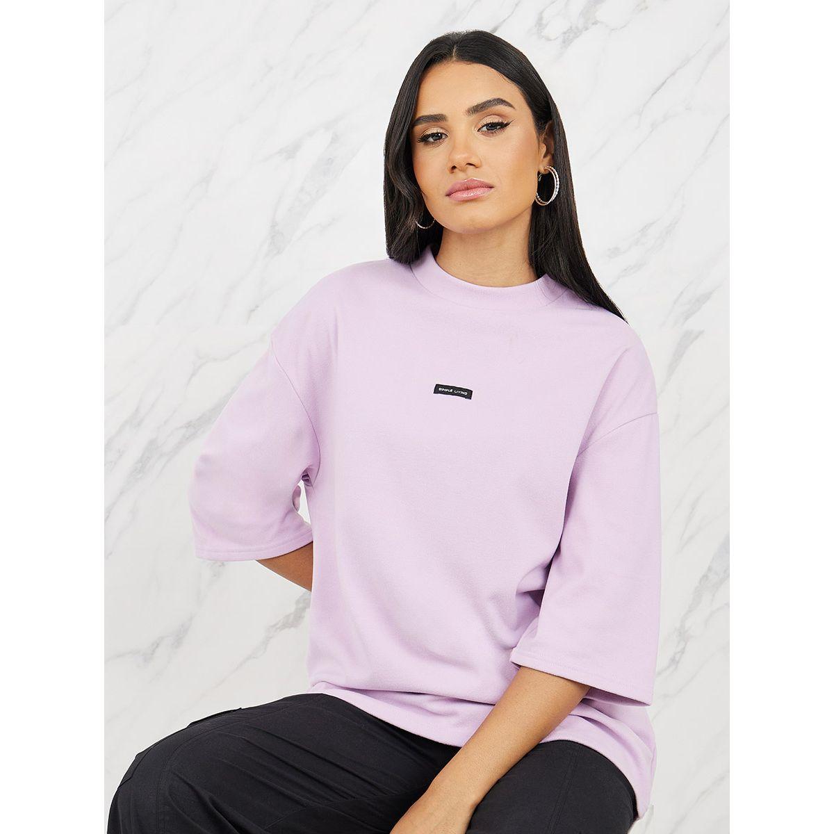 Styli Oversized Patch Detail High Neck Longline T-Shirt with 3/4 Sleeves-women-clothing-tshirts-image-1