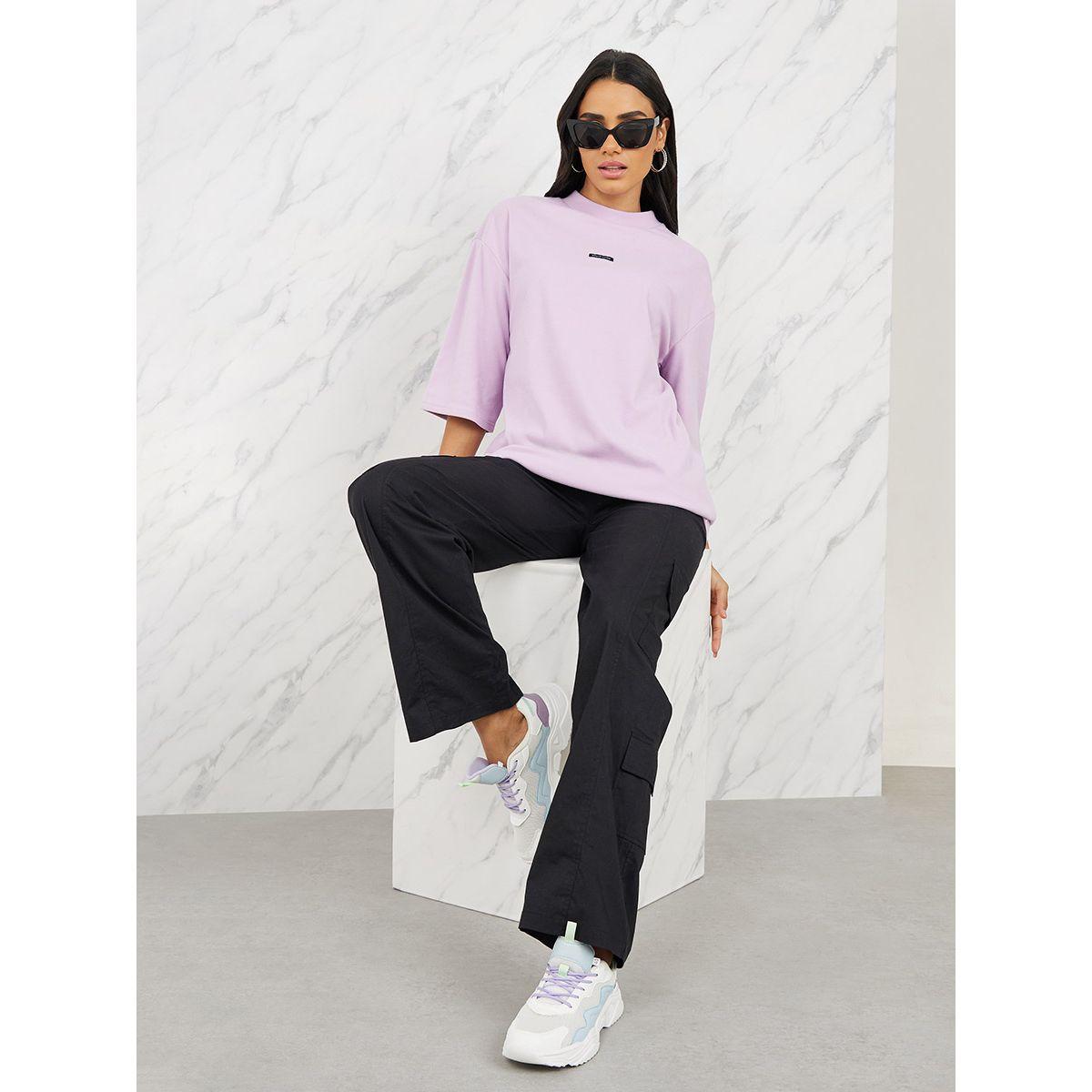 Styli Oversized Patch Detail High Neck Longline T-Shirt with 3/4 Sleeves-women-clothing-tshirts-image-2