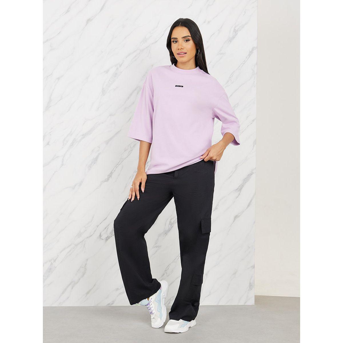 Styli Oversized Patch Detail High Neck Longline T-Shirt with 3/4 Sleeves-women-clothing-tshirts-image-3