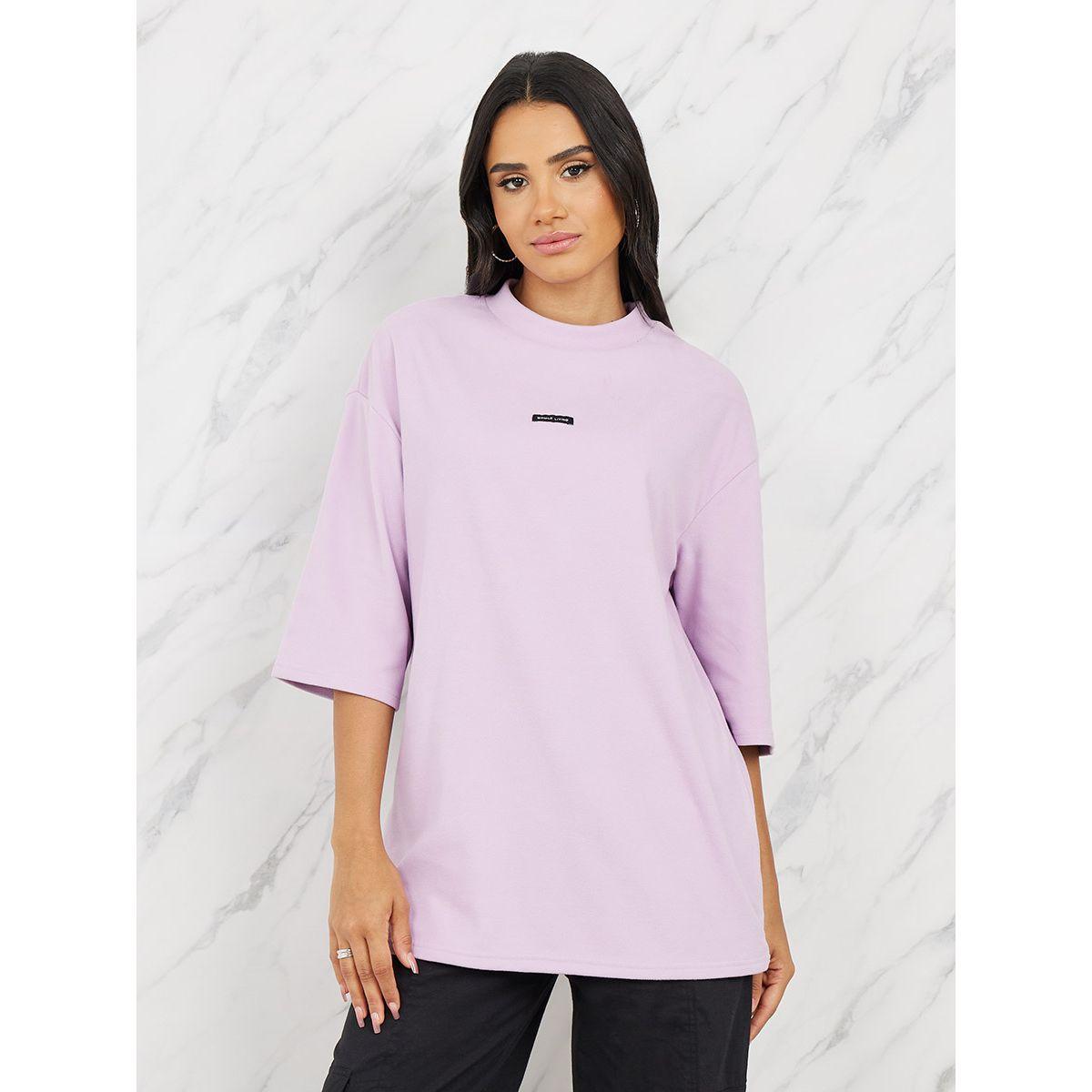 Styli Oversized Patch Detail High Neck Longline T-Shirt with 3/4 Sleeves-women-clothing-tshirts-image-4