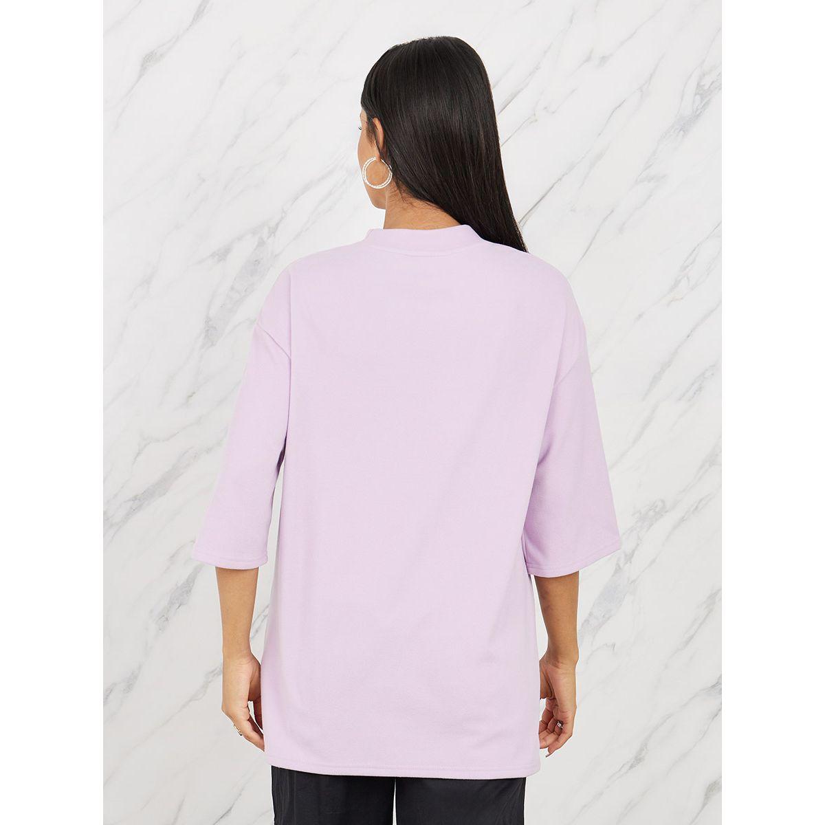Styli Oversized Patch Detail High Neck Longline T-Shirt with 3/4 Sleeves-women-clothing-tshirts-image-6