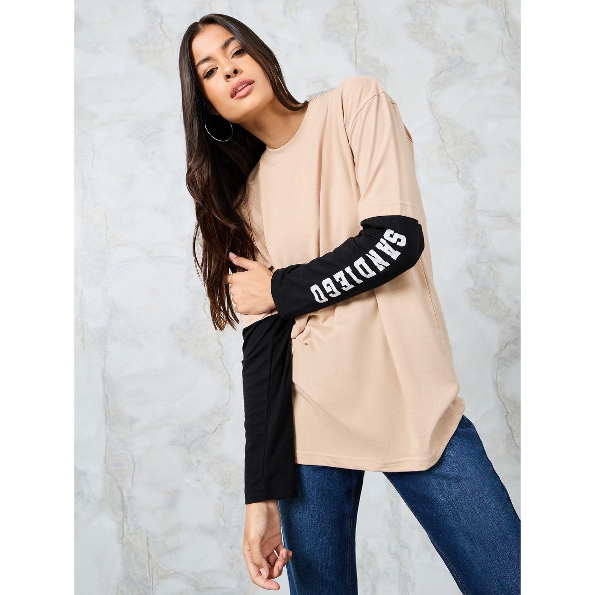 Styli Oversized Colorblock Slogan Twofer Style T-Shirt-women-clothing-tshirts-image-1