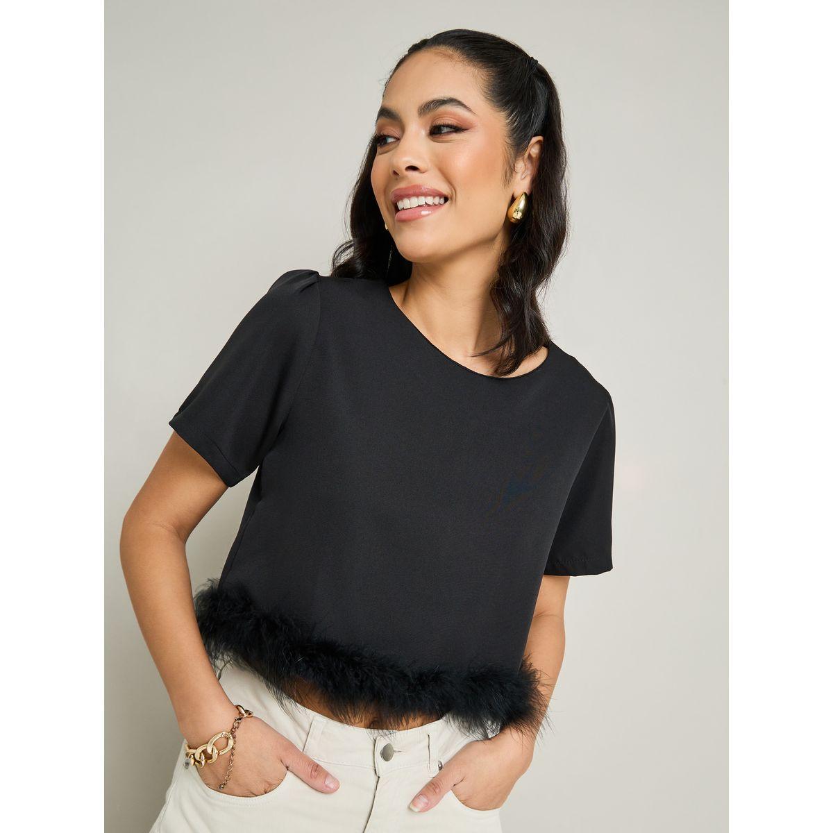 Styli Faux Feather Hem Detail Crop T-Shirt-women-clothing-tshirts-image-1