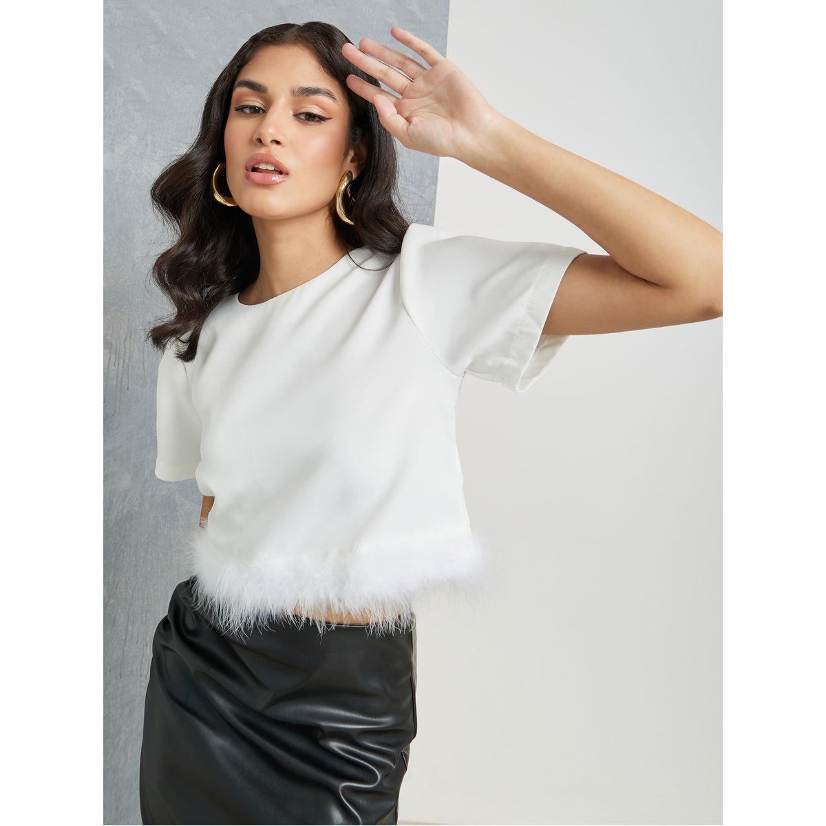 Styli Faux Feather Hem Detail Crop T-Shirt-women-clothing-tshirts-image-1