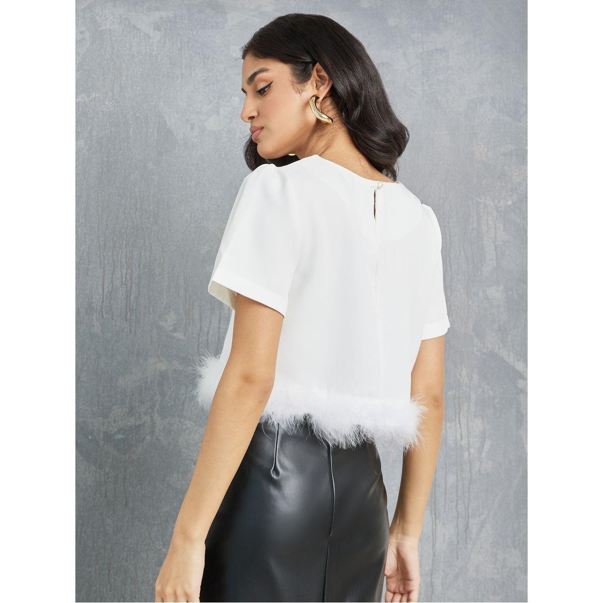 Styli Faux Feather Hem Detail Crop T-Shirt-women-clothing-tshirts-image-4