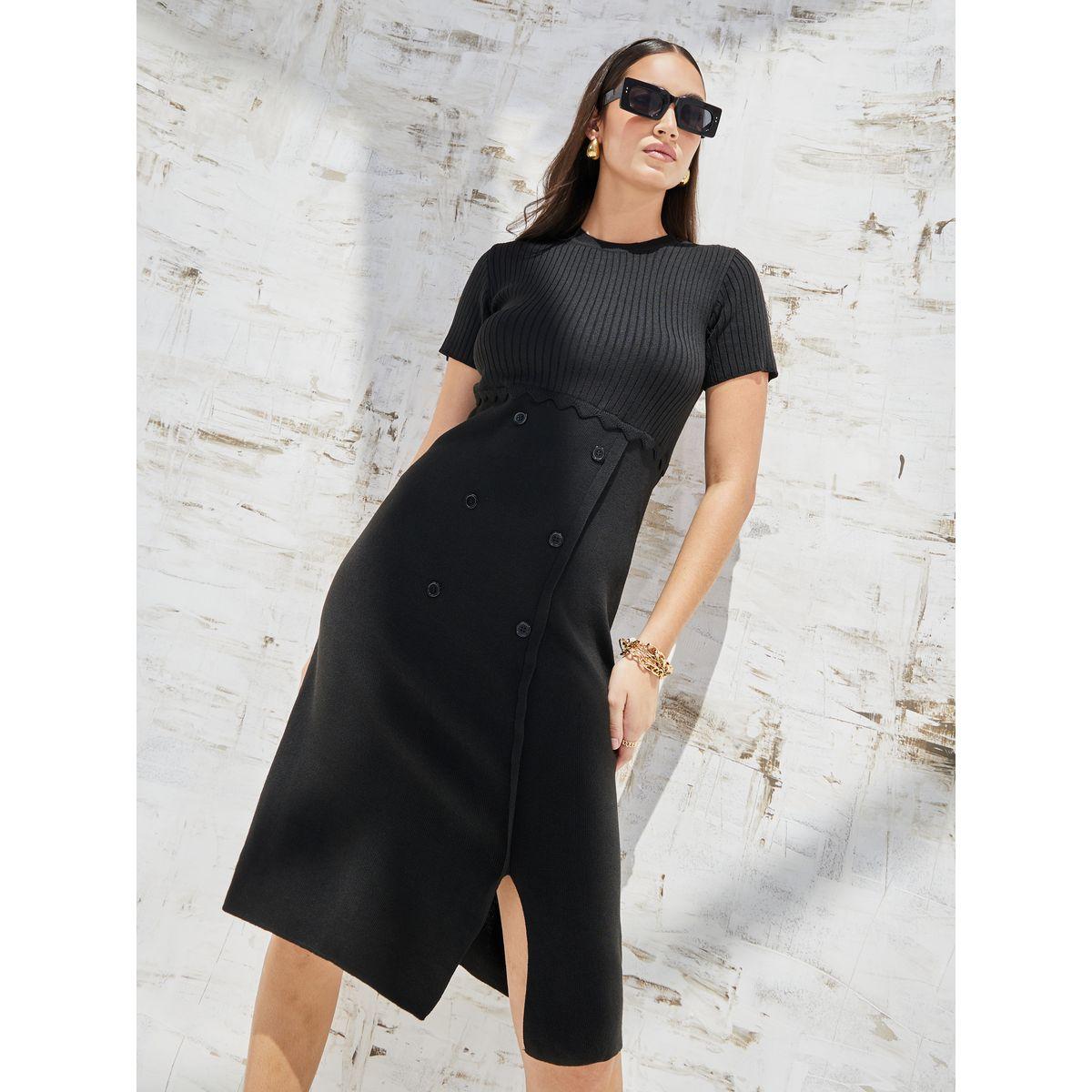Styli Elevate Button Detail Ribbed Midi Dress with Front Split-women-clothing-dresses-image-3