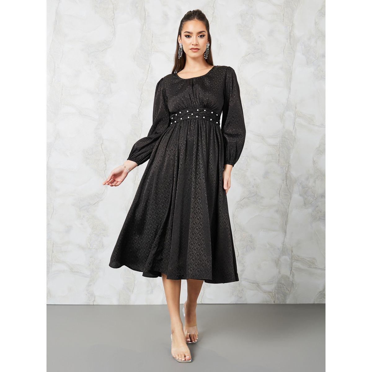 Styli Beaded Waist Jacquard A-Line Midi Dress-women-clothing-dresses-image-1