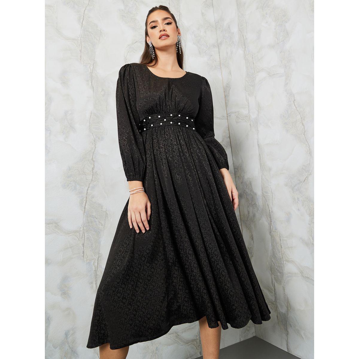 Styli Beaded Waist Jacquard A-Line Midi Dress-women-clothing-dresses-image-2