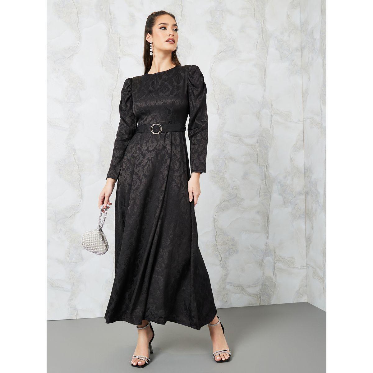 Styli Jacquard Puff Sleeve Belted A-Line Maxi Dress-women-clothing-dresses-image-1