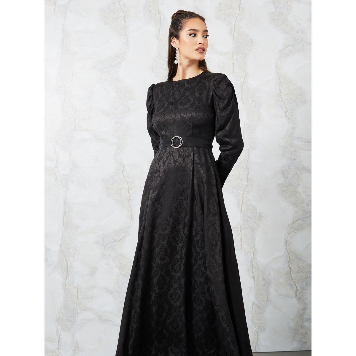Styli Jacquard Puff Sleeve Belted A-Line Maxi Dress-women-clothing-dresses-image-2