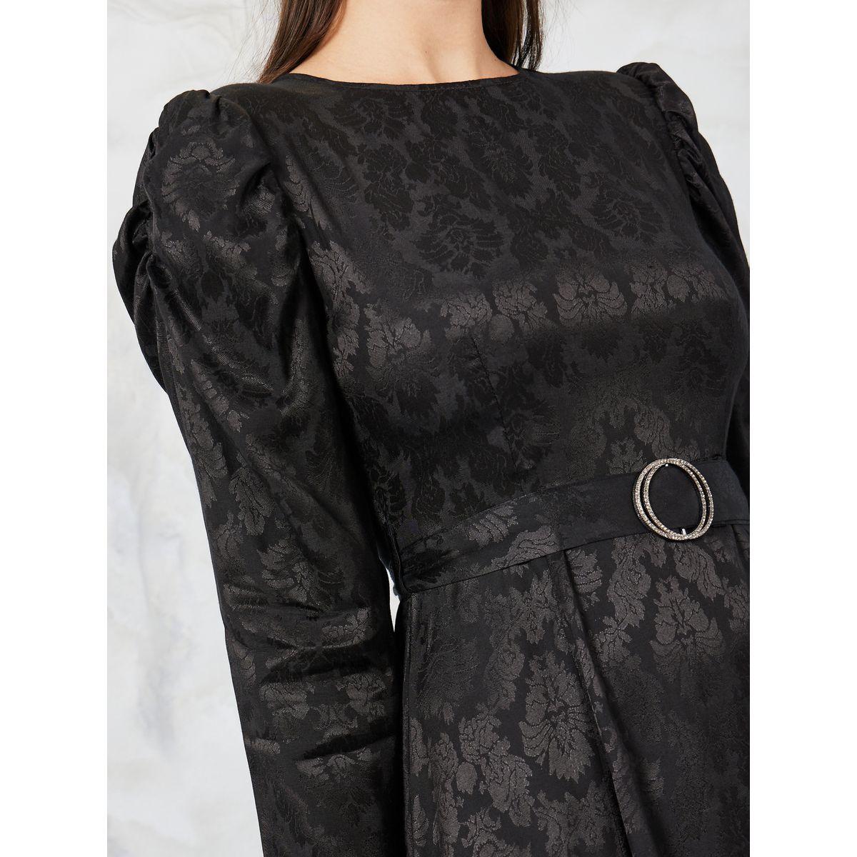 Styli Jacquard Puff Sleeve Belted A-Line Maxi Dress-women-clothing-dresses-image-3