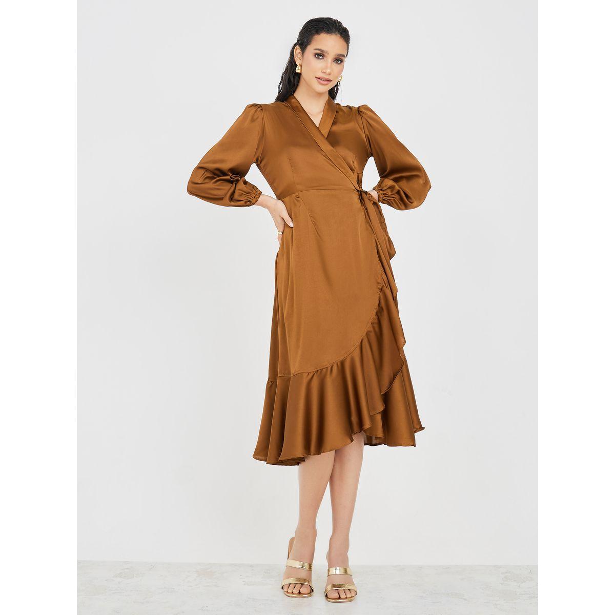 Styli Frill Hem Wrap Midi Dress with Volume Sleeve-women-clothing-dresses-image-1