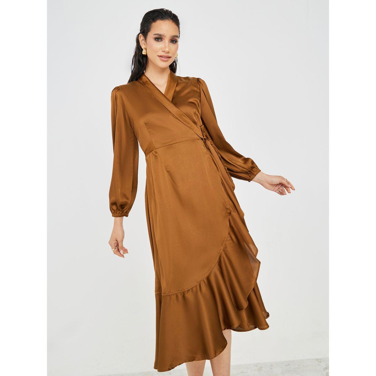 Styli Frill Hem Wrap Midi Dress with Volume Sleeve-women-clothing-dresses-image-2
