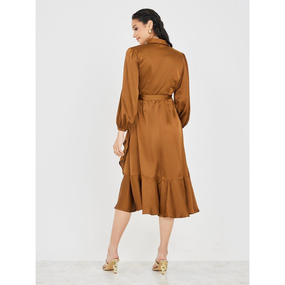 Styli Frill Hem Wrap Midi Dress with Volume Sleeve-women-clothing-dresses-image-4