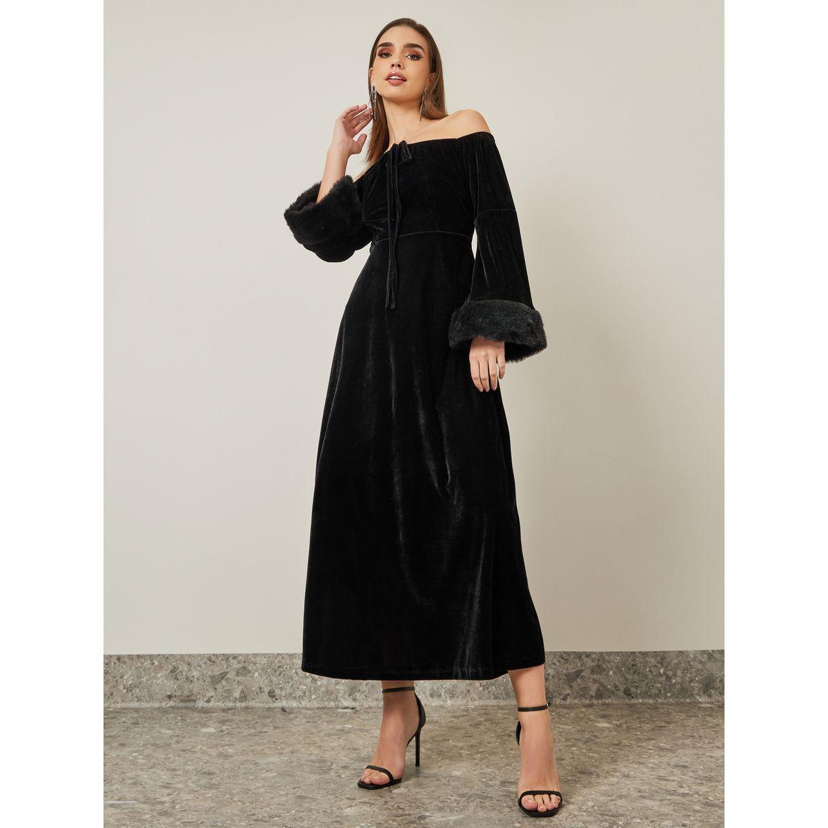 فستان طويل مزين بفرو صناعي-women-clothing-dresses-image-1