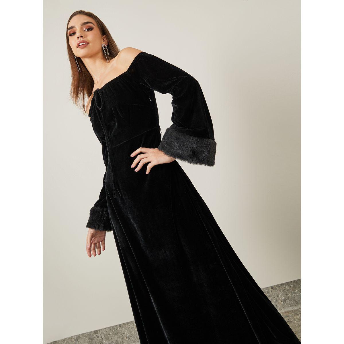 فستان طويل مزين بفرو صناعي-women-clothing-dresses-image-2