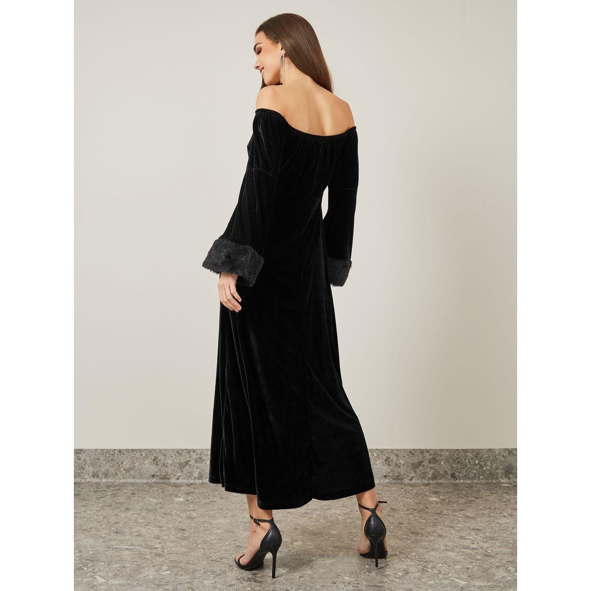 Styli Faux Fur Trim Velvet A-Line Maxi Dress-women-clothing-dresses-image-4