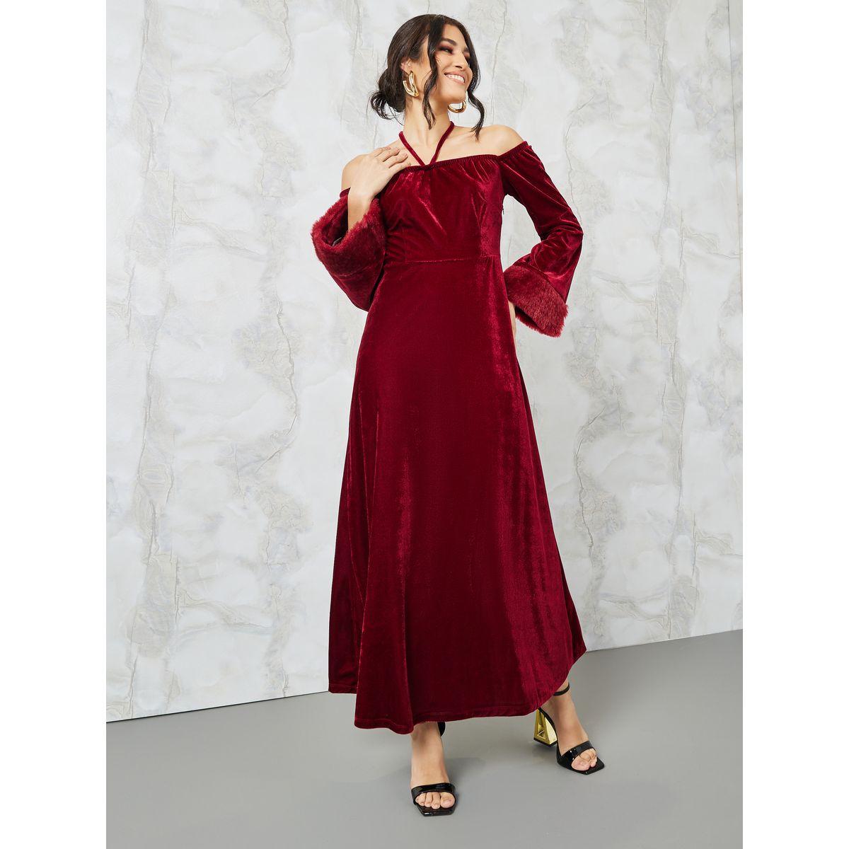 Styli Faux Fur Trim Velvet A-Line Maxi Dress-women-clothing-dresses-image-1