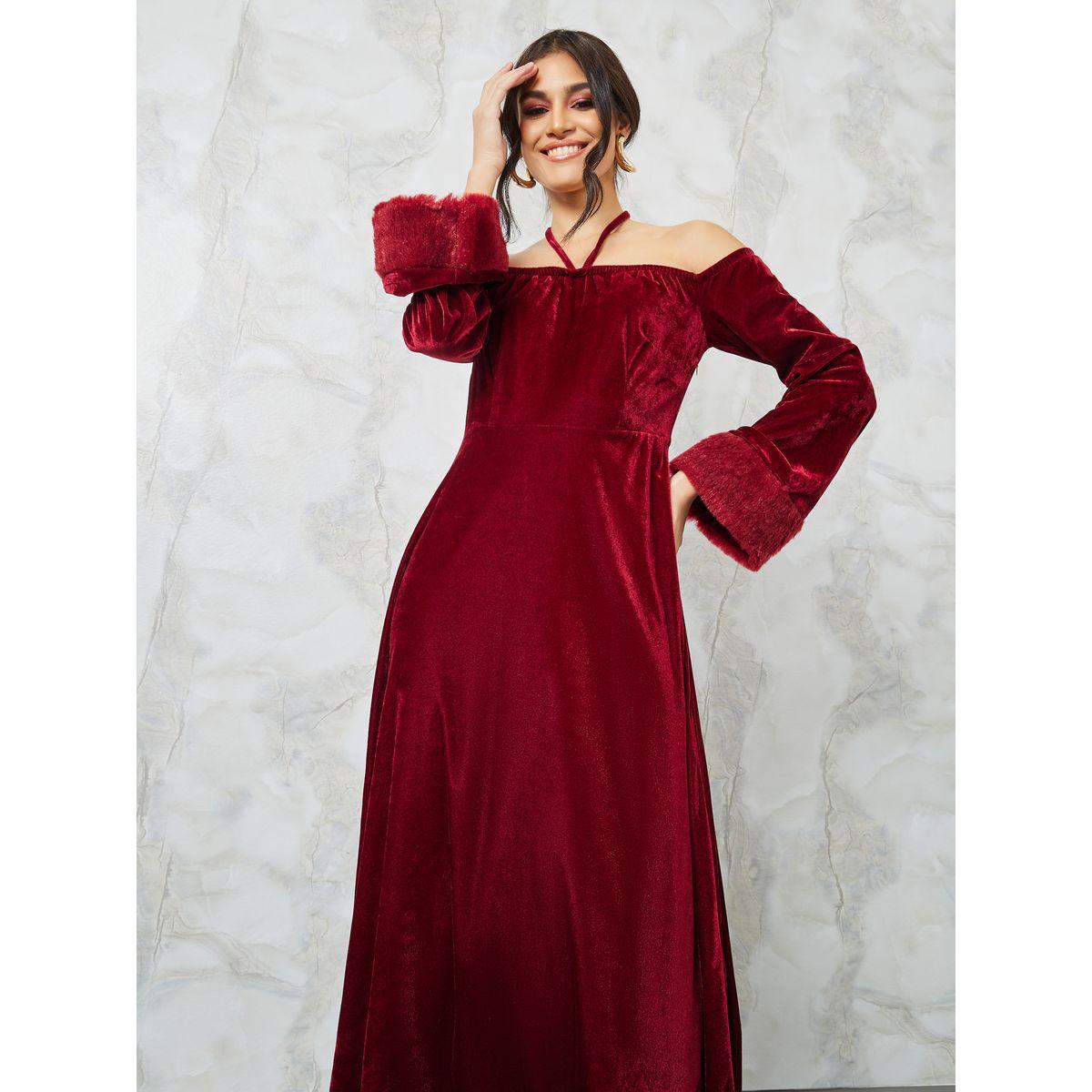Styli Faux Fur Trim Velvet A-Line Maxi Dress-women-clothing-dresses-image-2