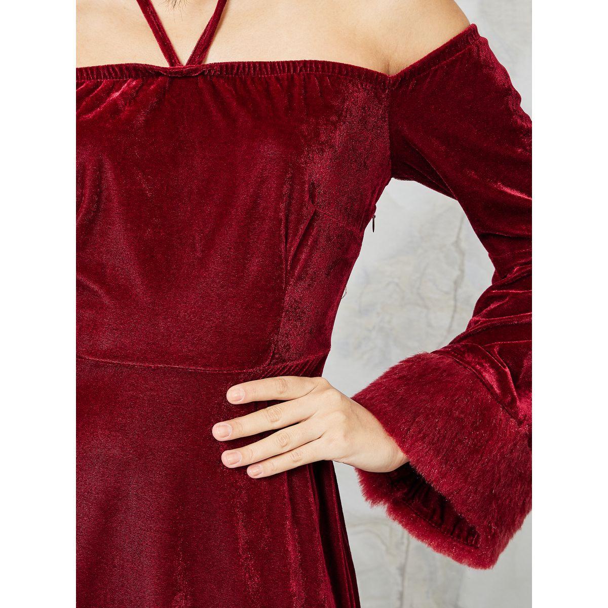 Styli Faux Fur Trim Velvet A-Line Maxi Dress-women-clothing-dresses-image-3