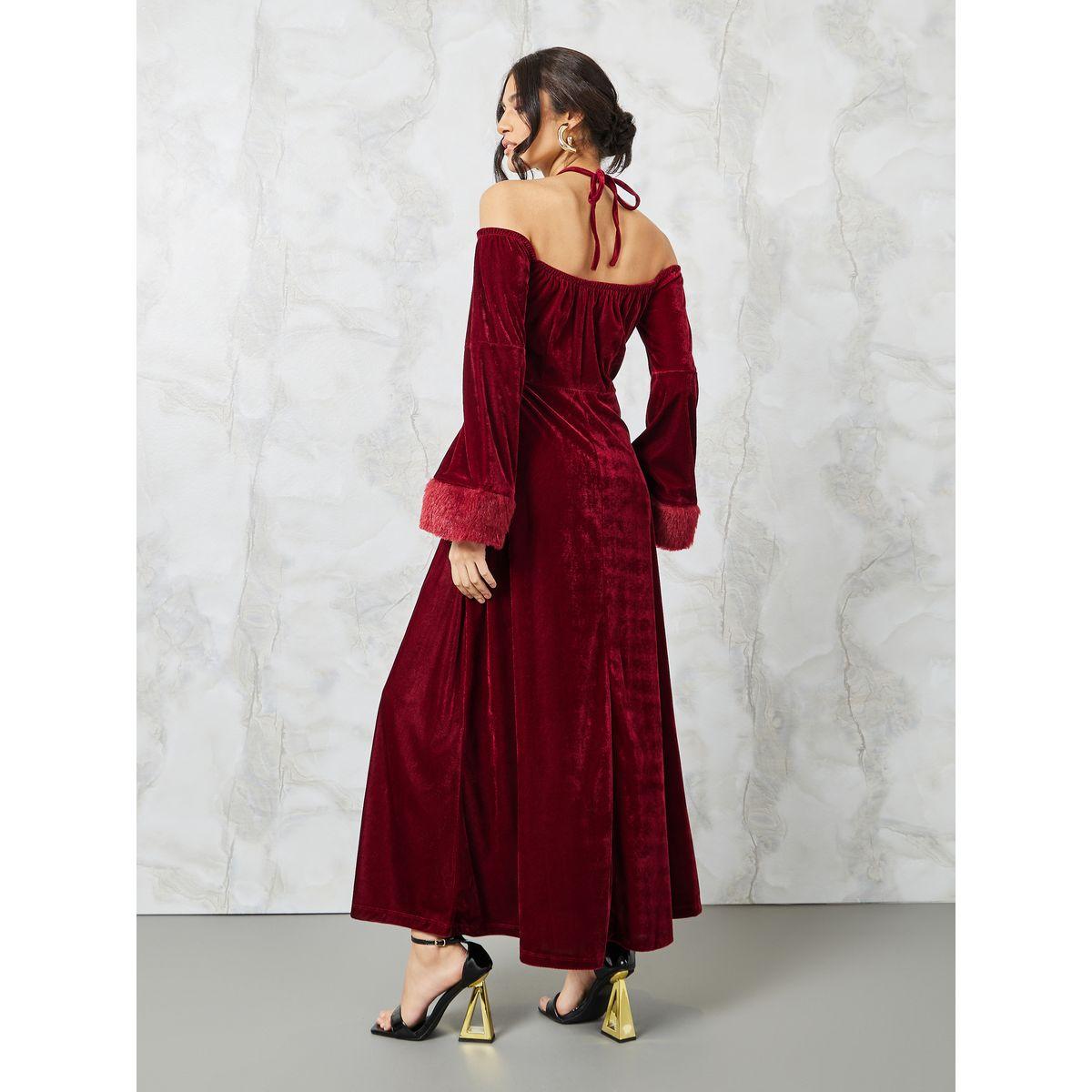Styli Faux Fur Trim Velvet A-Line Maxi Dress-women-clothing-dresses-image-4