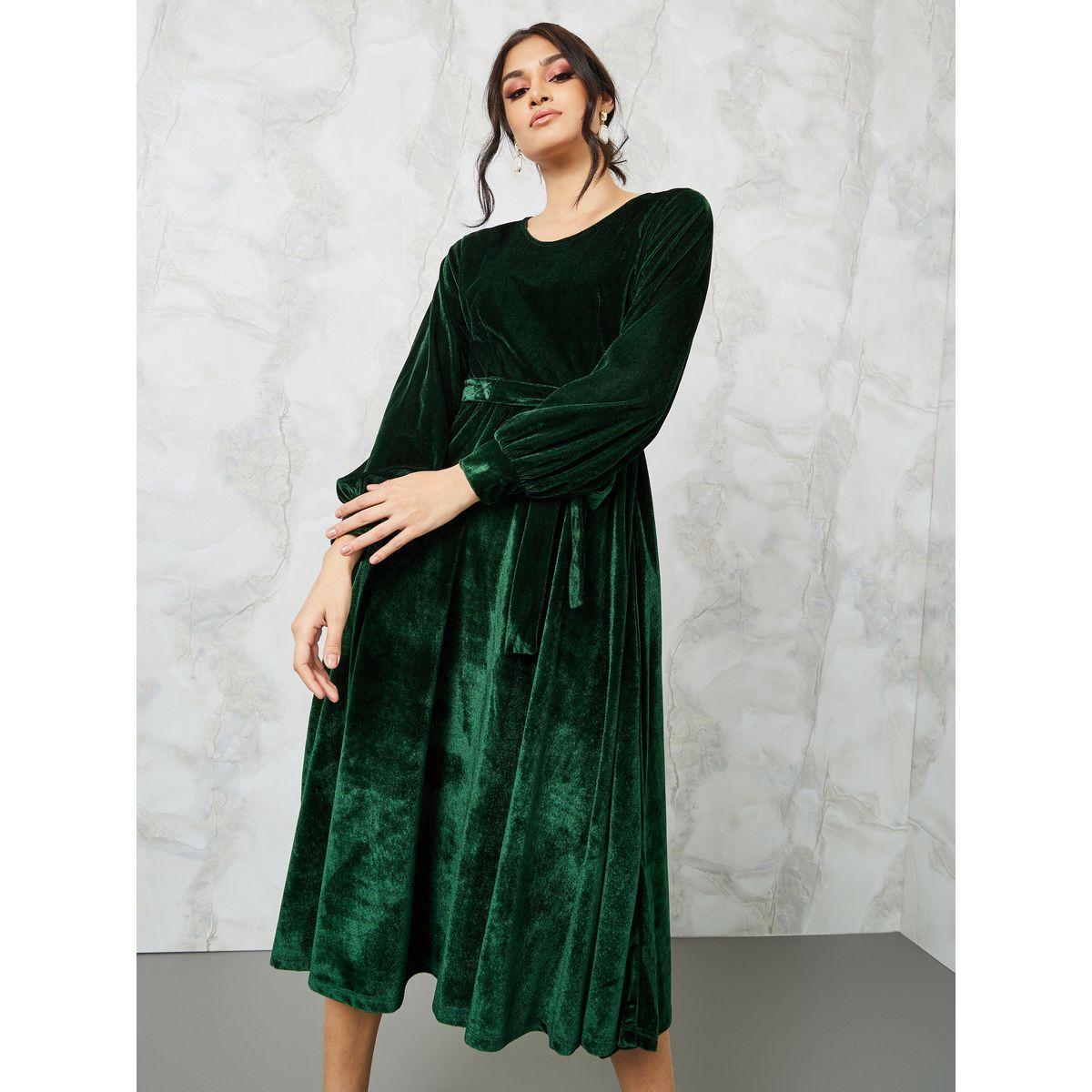 Styli Velvet A-Line Midi Dress with Tie Belt-women-clothing-dresses-image-2