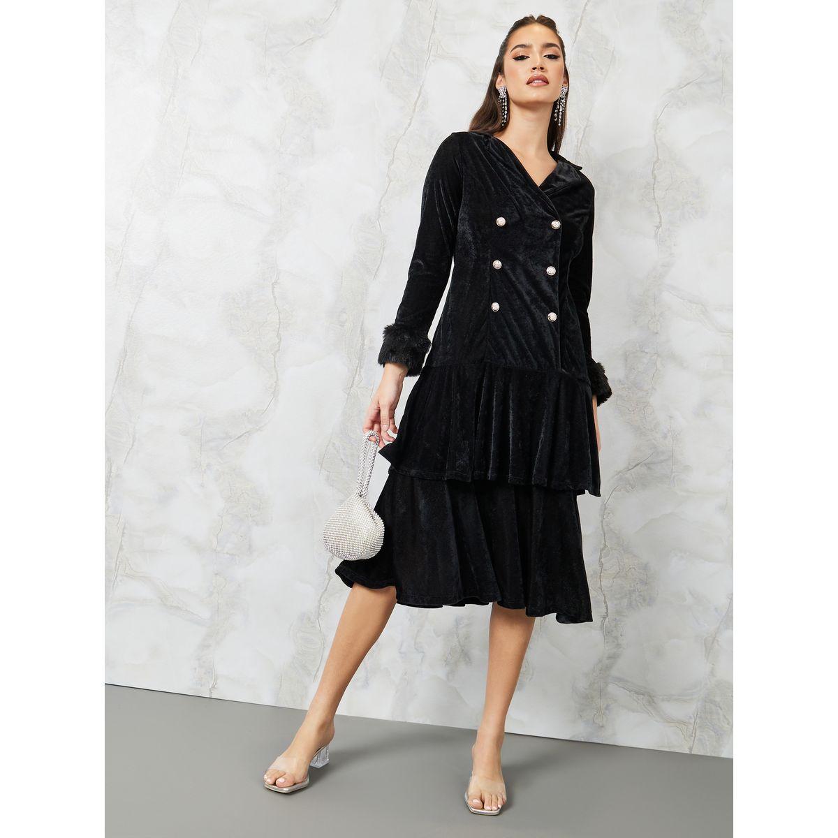 فستان ميدي مخمل مزين بفرو صناعي-women-clothing-dresses-image-1