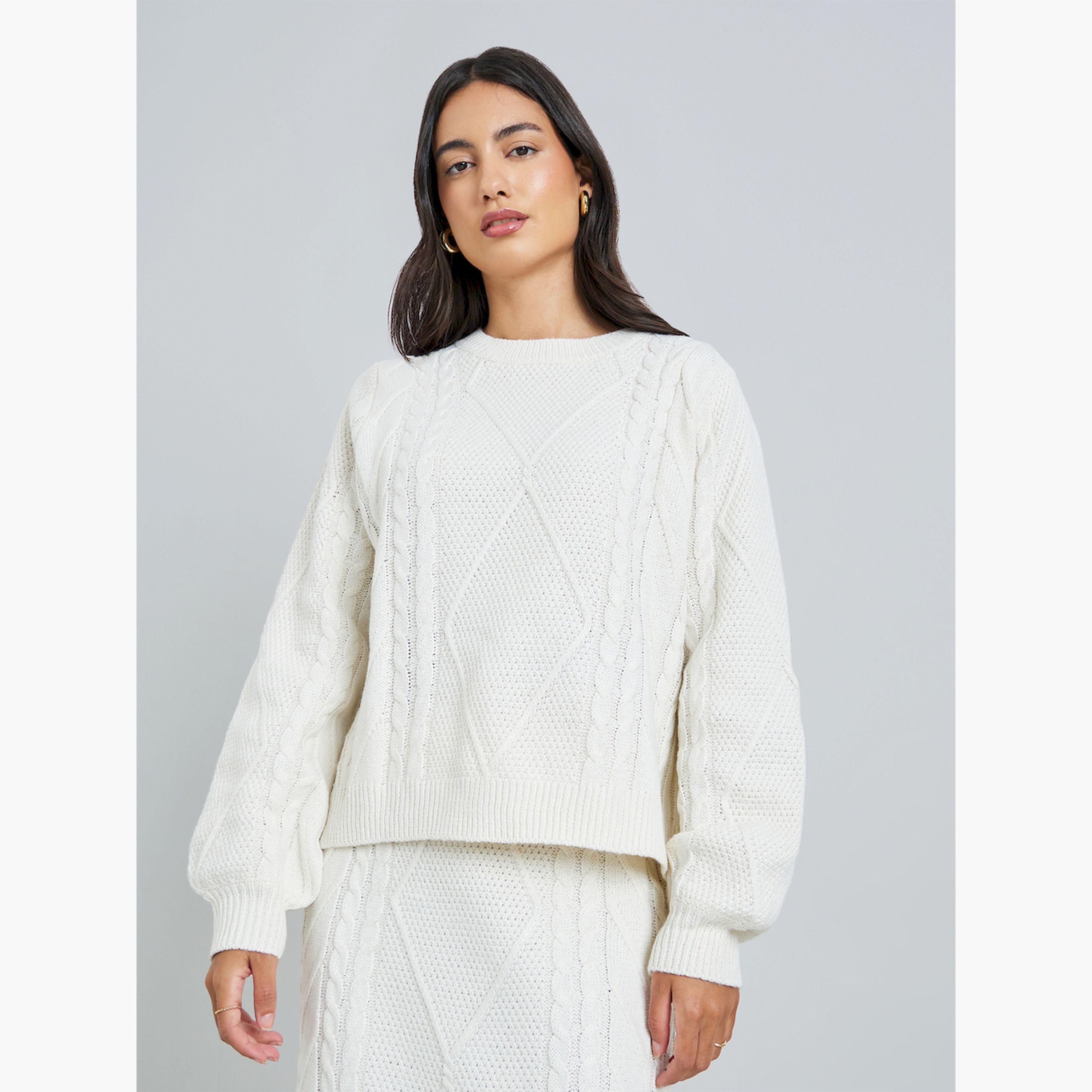 Styli Off-White Cable Knit Sweater and Skirt Co-Ords-women-clothing-coordsets-image-2