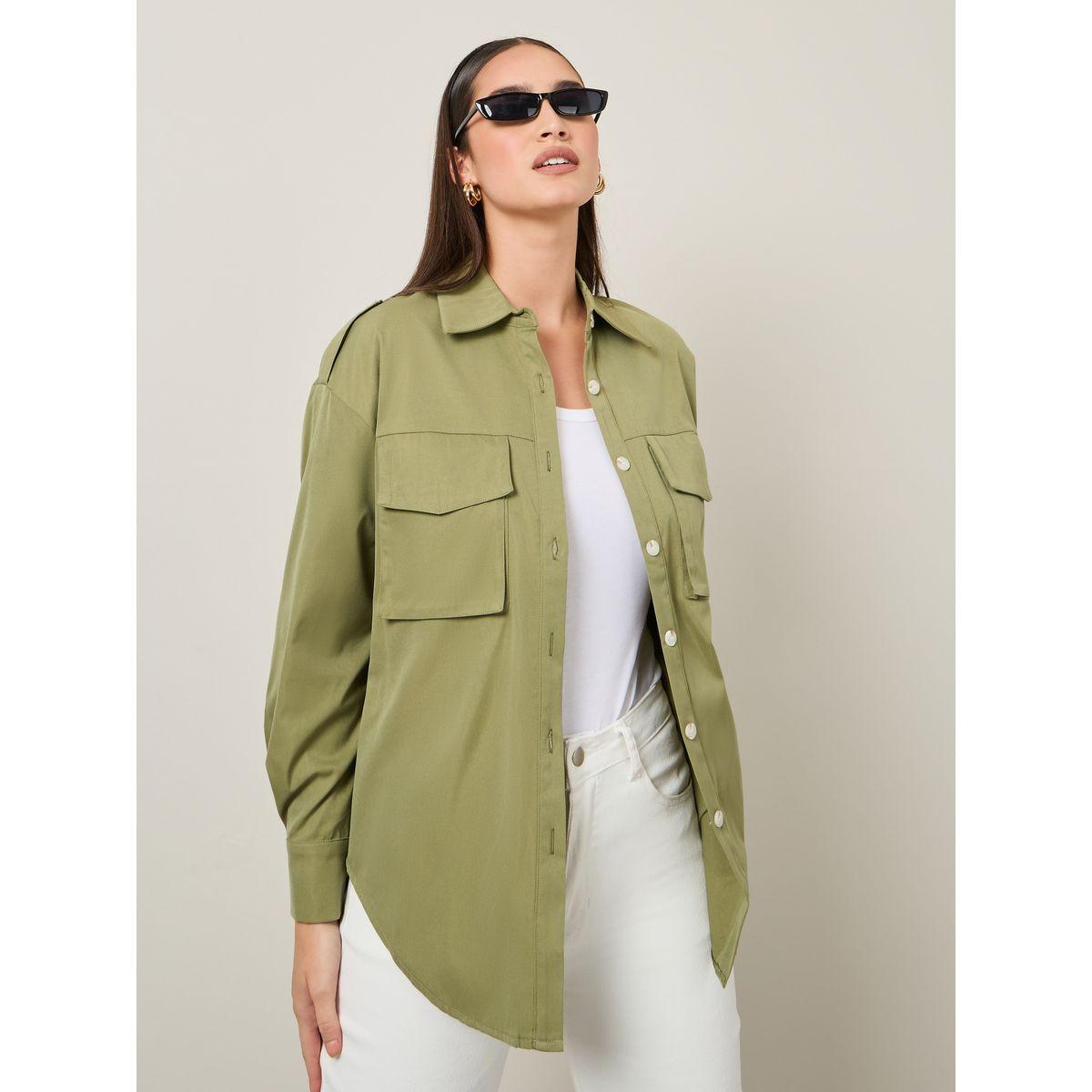 Styli Solid Oversized Longline Shirt with Flap Pocket-women-clothing-shirtsandblouses-shirts-image-1