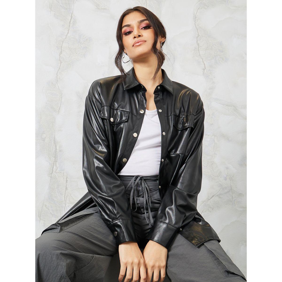 Styli Leather Look Oversized Shirt with Flap Pocket-women-clothing-shirtsandblouses-shirts-image-1