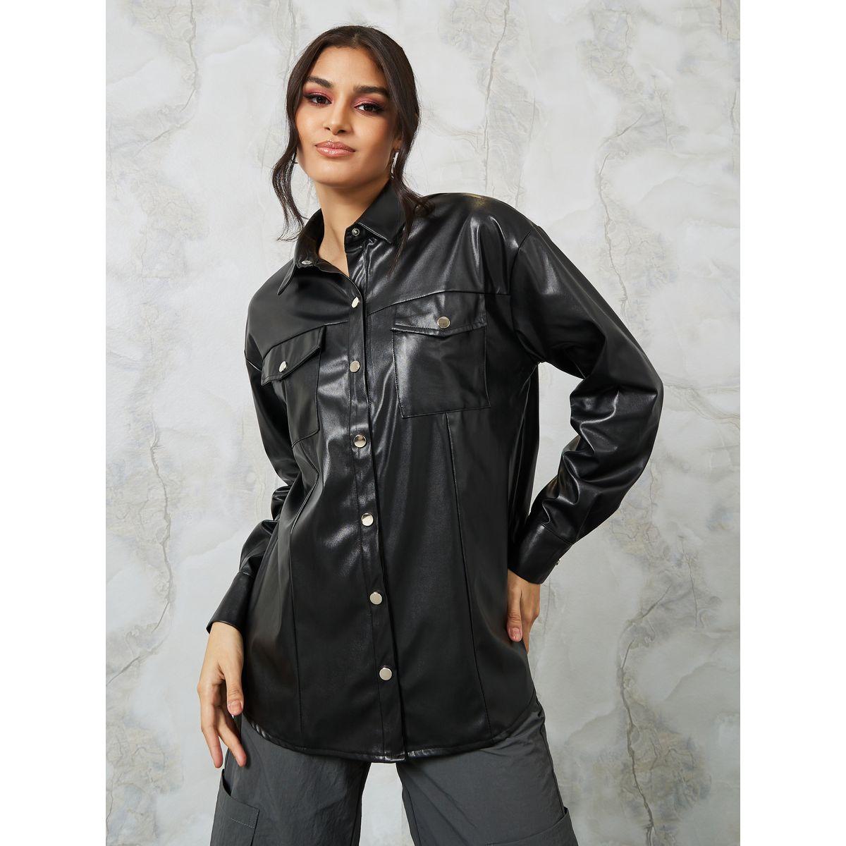 Styli Leather Look Oversized Shirt with Flap Pocket-women-clothing-shirtsandblouses-shirts-image-4