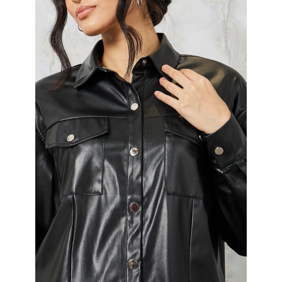 Styli Leather Look Oversized Shirt with Flap Pocket-women-clothing-shirtsandblouses-shirts-image-5