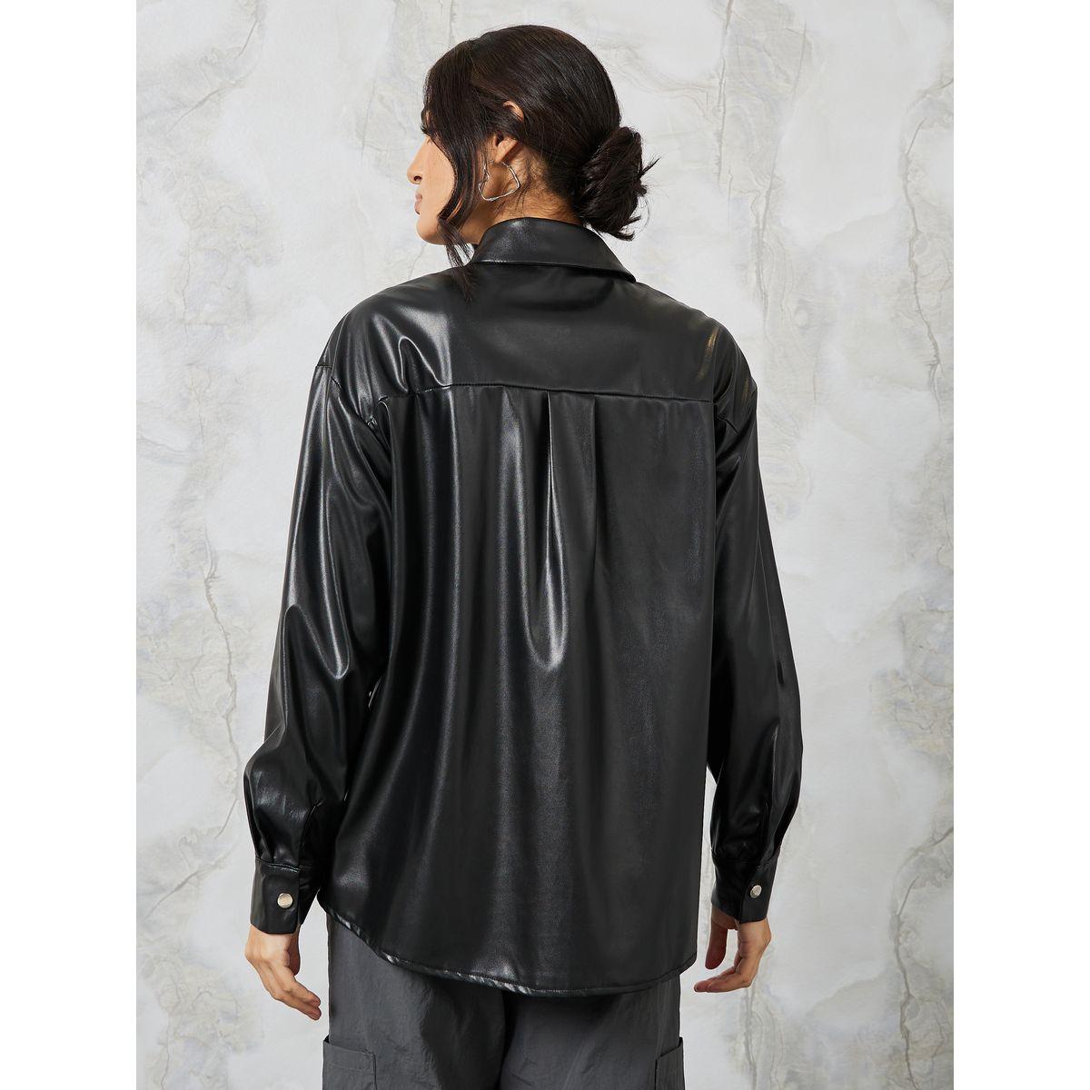 Styli Leather Look Oversized Shirt with Flap Pocket-women-clothing-shirtsandblouses-shirts-image-6