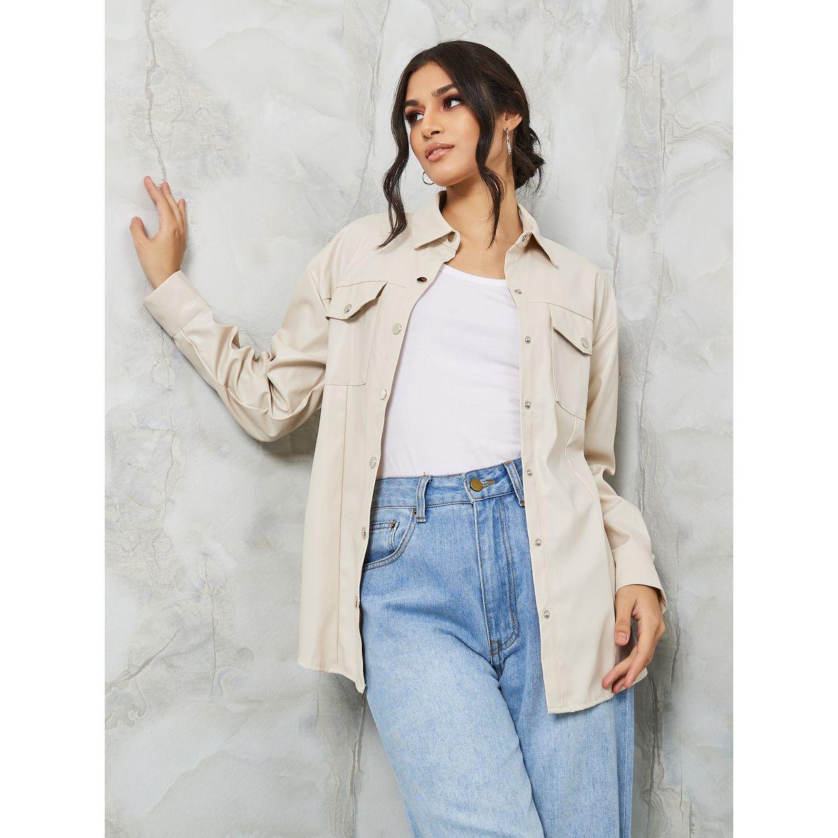 Styli Leather Look Oversized Shirt with Flap Pocket-women-clothing-shirtsandblouses-shirts-image-1