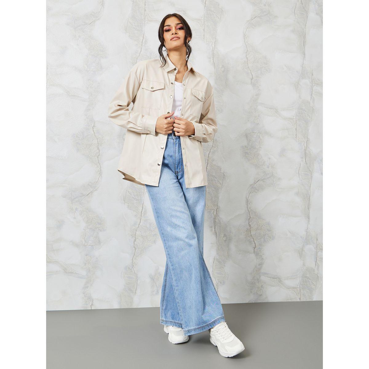 Styli Leather Look Oversized Shirt with Flap Pocket-women-clothing-shirtsandblouses-shirts-image-2