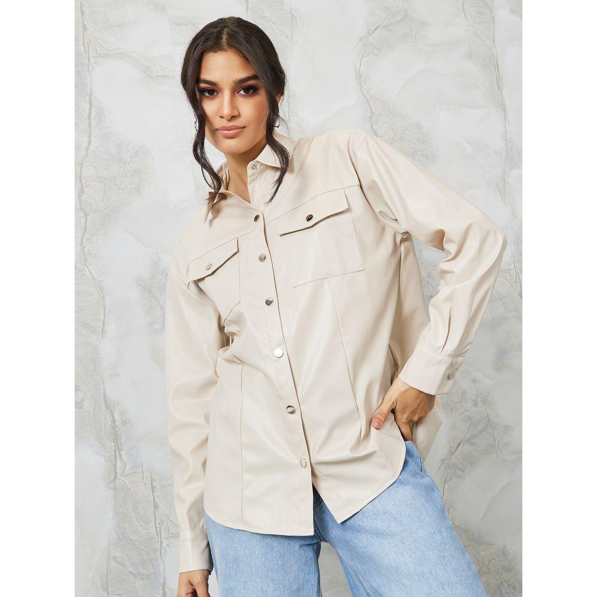 Styli Leather Look Oversized Shirt with Flap Pocket-women-clothing-shirtsandblouses-shirts-image-3