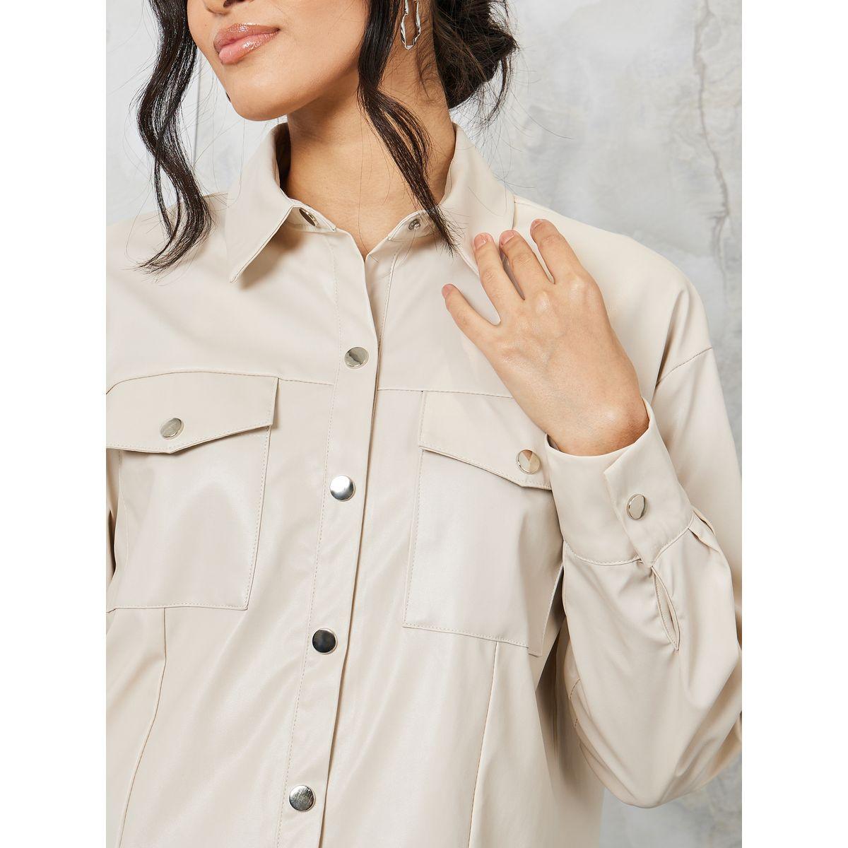 Styli Leather Look Oversized Shirt with Flap Pocket-women-clothing-shirtsandblouses-shirts-image-4