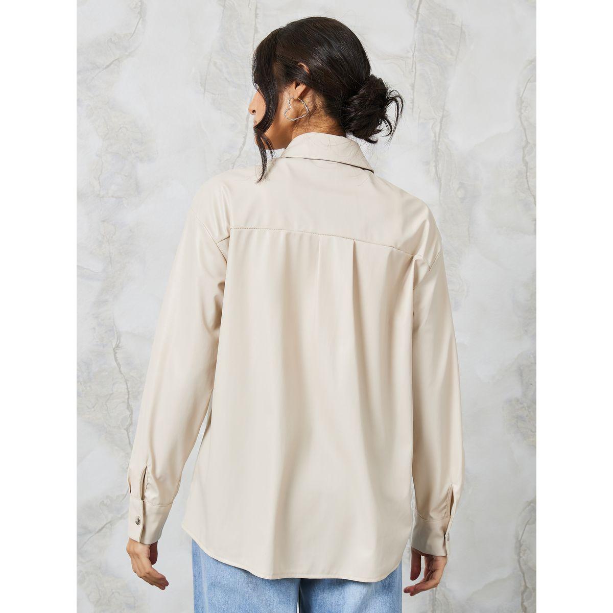 Styli Leather Look Oversized Shirt with Flap Pocket-women-clothing-shirtsandblouses-shirts-image-5
