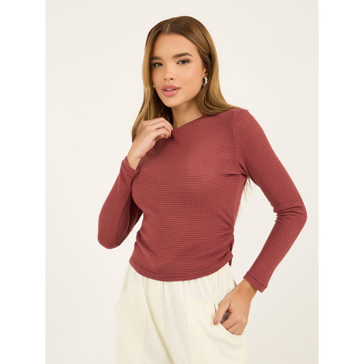 بلوزة محبوكة بنمط وافل مع أكمام طويلة-women-clothing-tshirts-image-1