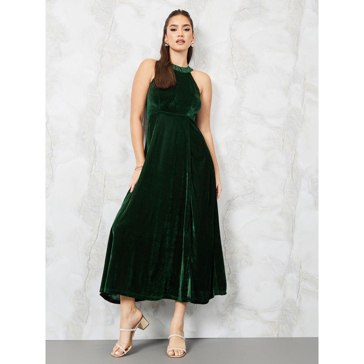 Styli Velvet Halter Neck A-Line Maxi Dress-women-clothing-dresses-image-1