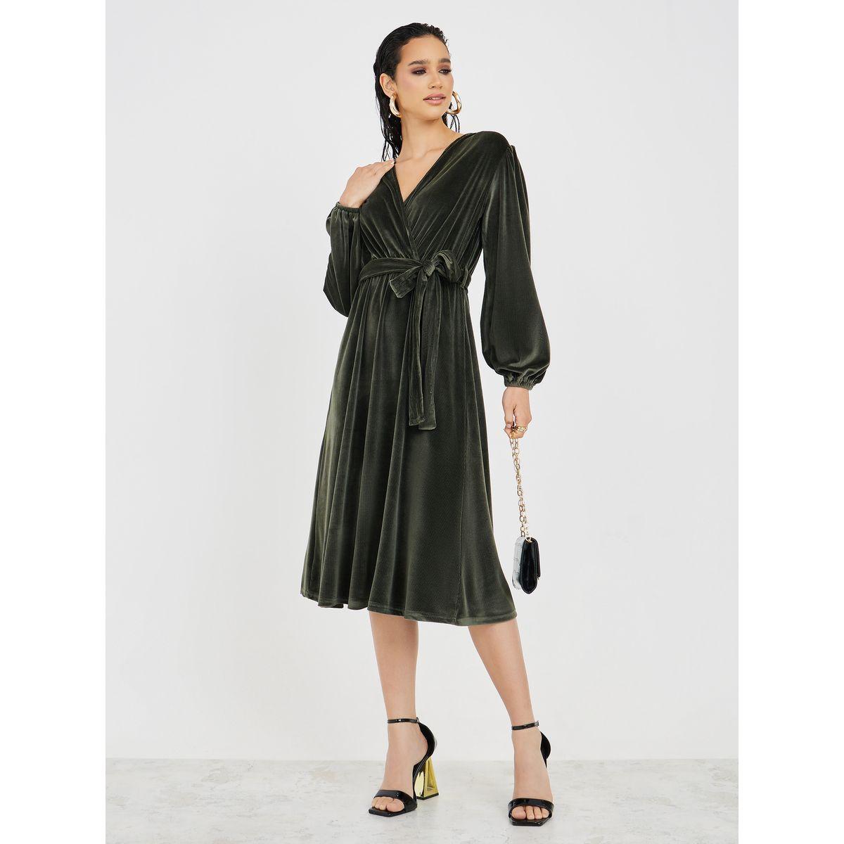 Styli Textured Wrap Front Midi Dress with Tie Belt-women-clothing-dresses-image-1