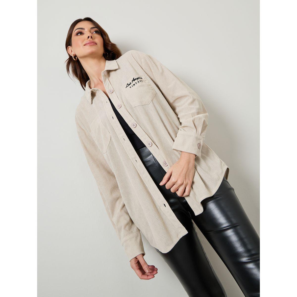 Styli Corduroy Oversized Longline Shirt with Pockets-women-clothing-shirtsandblouses-shirts-image-2