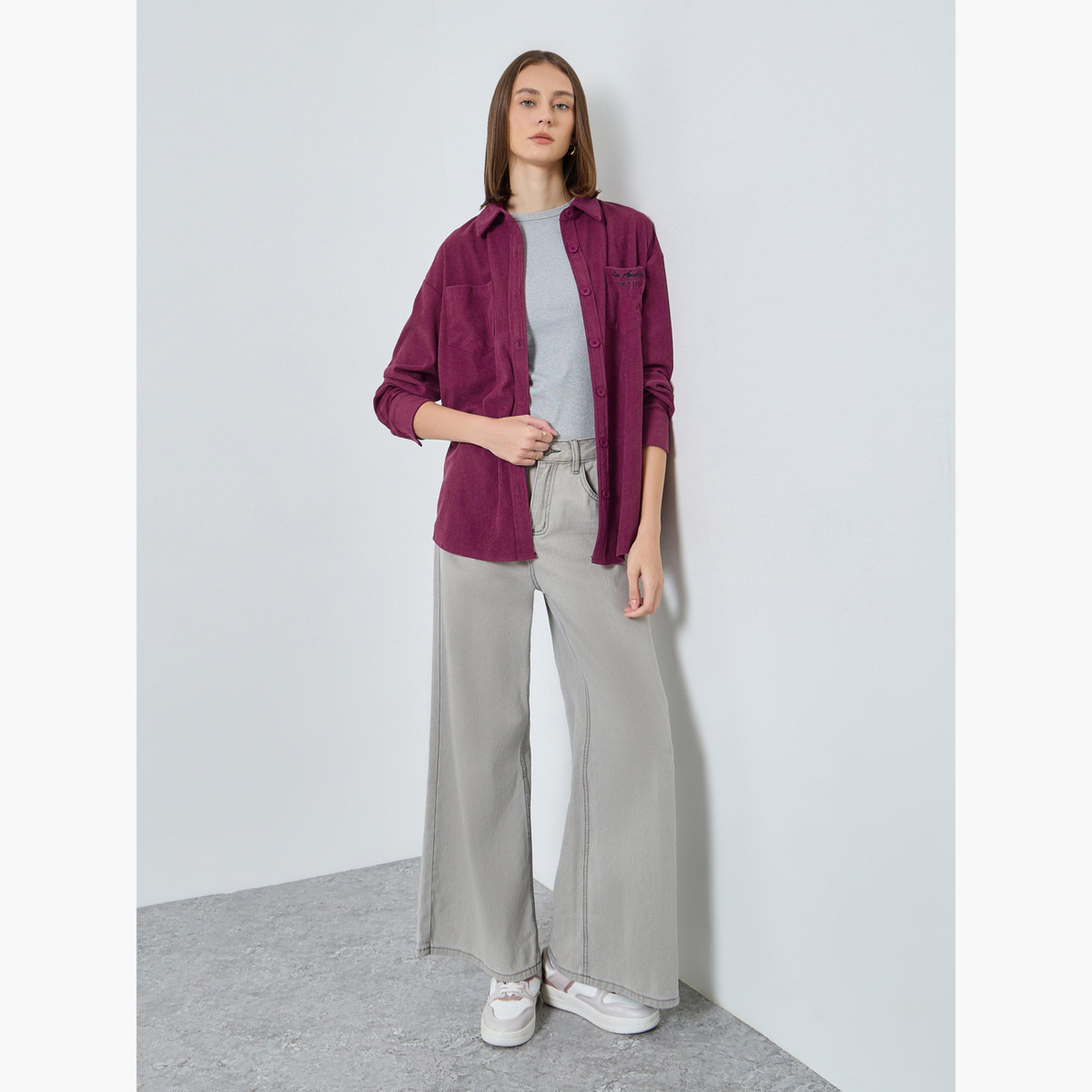 ستايلي - قميص مخملي طويل تصميم واسع مع جيوب للنساء-women-clothing-shirtsandblouses-shirts-image-2