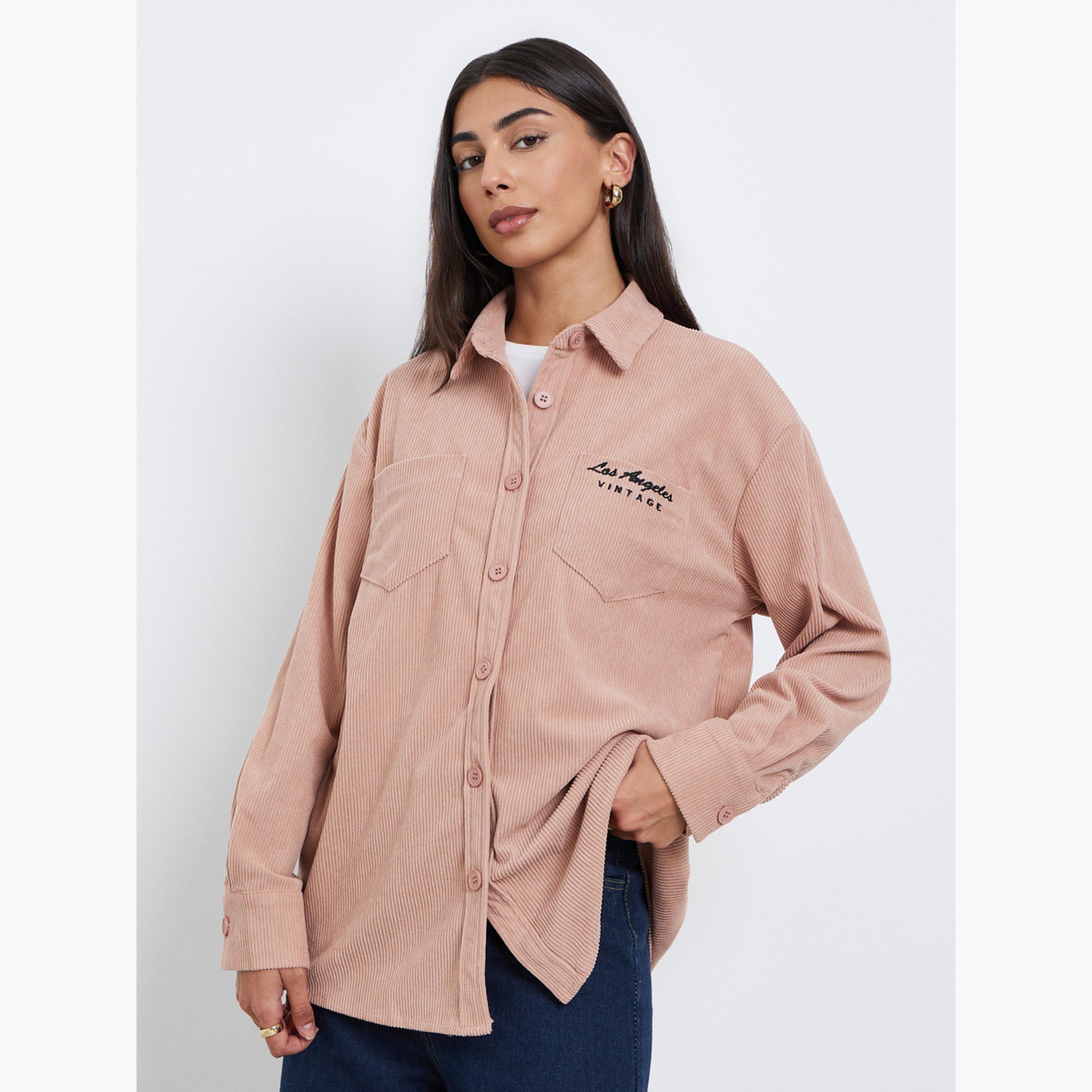 Styli Women Oversized Longline Corduroy Shirt with Pockets-women-clothing-shirtsandblouses-shirts-image-1