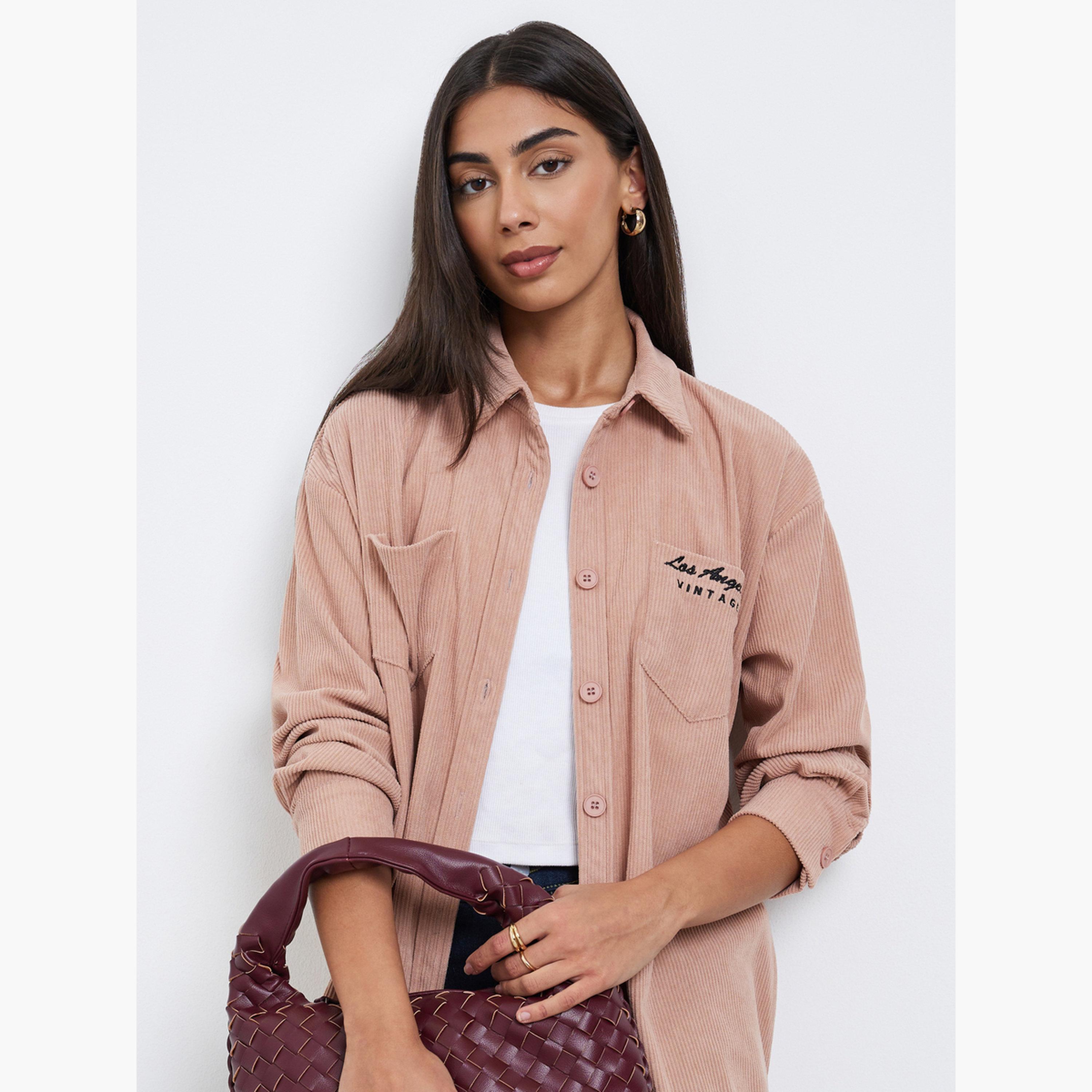 ستايلي - قميص مخملي طويل تصميم واسع مع جيوب للنساء-women-clothing-shirtsandblouses-shirts-image-3