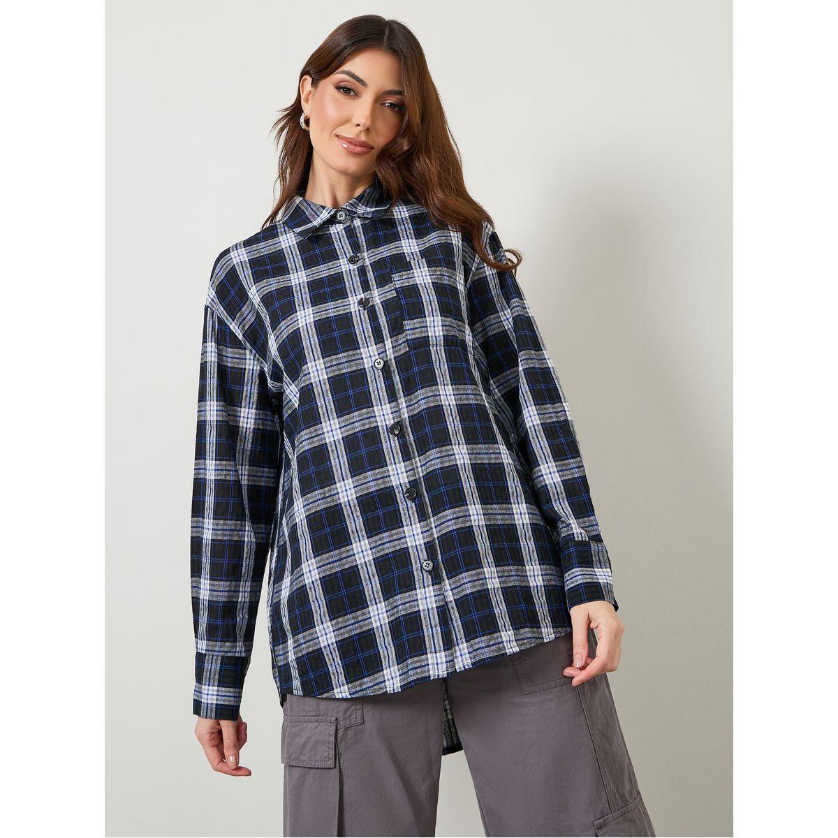 Styli Checkered Print Oversized Longline Shirt-women-clothing-shirtsandblouses-shirts-image-3